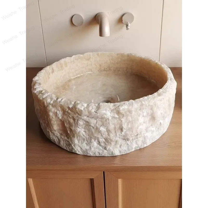 

Light luxury Natural Marble Songxiang Jade Terrace Wash Hands Basin Advanced Creativity Retro Round Shape Wash Your Face Basin