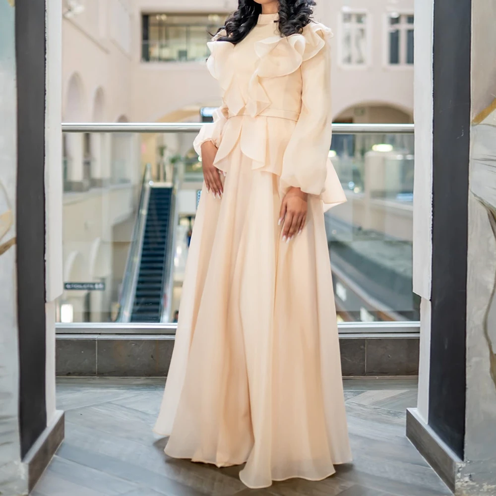 

Customized A-line Evening Dresses Floor-length High-neck Full Sleeve Prom Gown Simple Fashion Ruched Draped Casual Party Gown