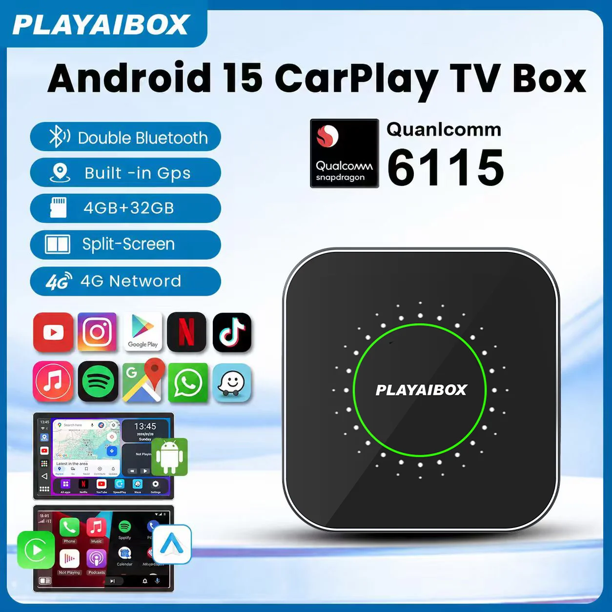 Wireless CarPlay AI Box LED Ambient Light Android 15 SM6115 8 Core Wireless Android Auto Adapter Support Netflix IPTV Streaming