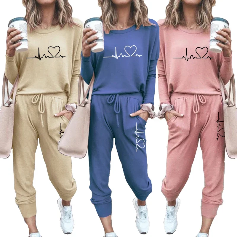 

Women Sweatshirt Hoody Set 2024 Fashion Heartbeat Printed Casual Pullovers + Sweatpants Yoga Long Sleeve Suits Sportswear Cloth