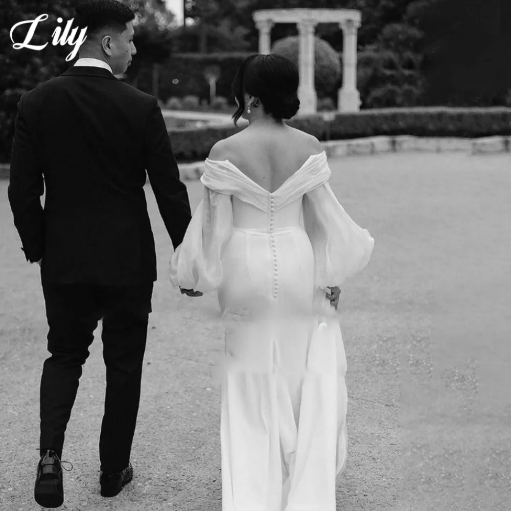 リリーホワイト V ネックウエディングドレス ランタンスリーブ バックレスウエディングドレス サテン トレーリング ウェディングパーティー イブニングドレス 프롬 드레스 カスタマイズ
