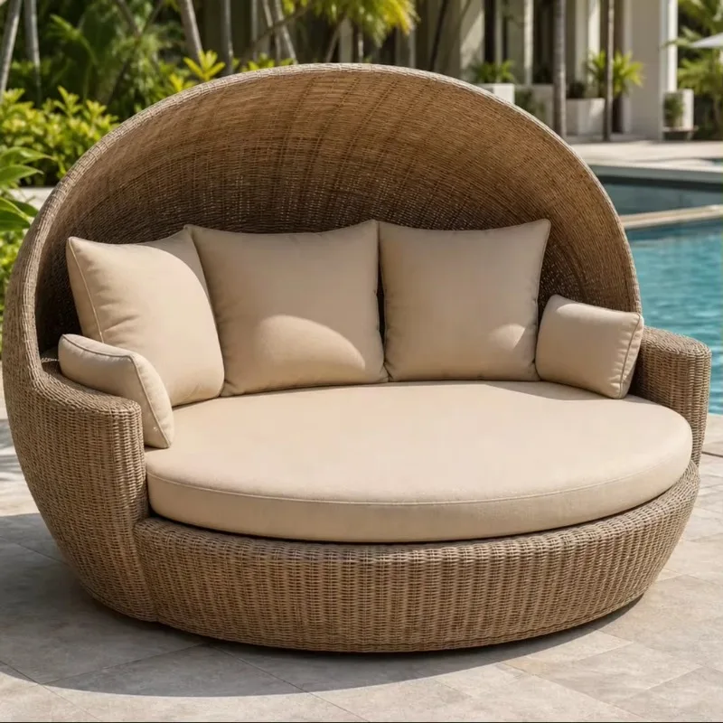 Modern wicker rattan outdoor recliner sofa with memory sponge cotton pads and tapered legs