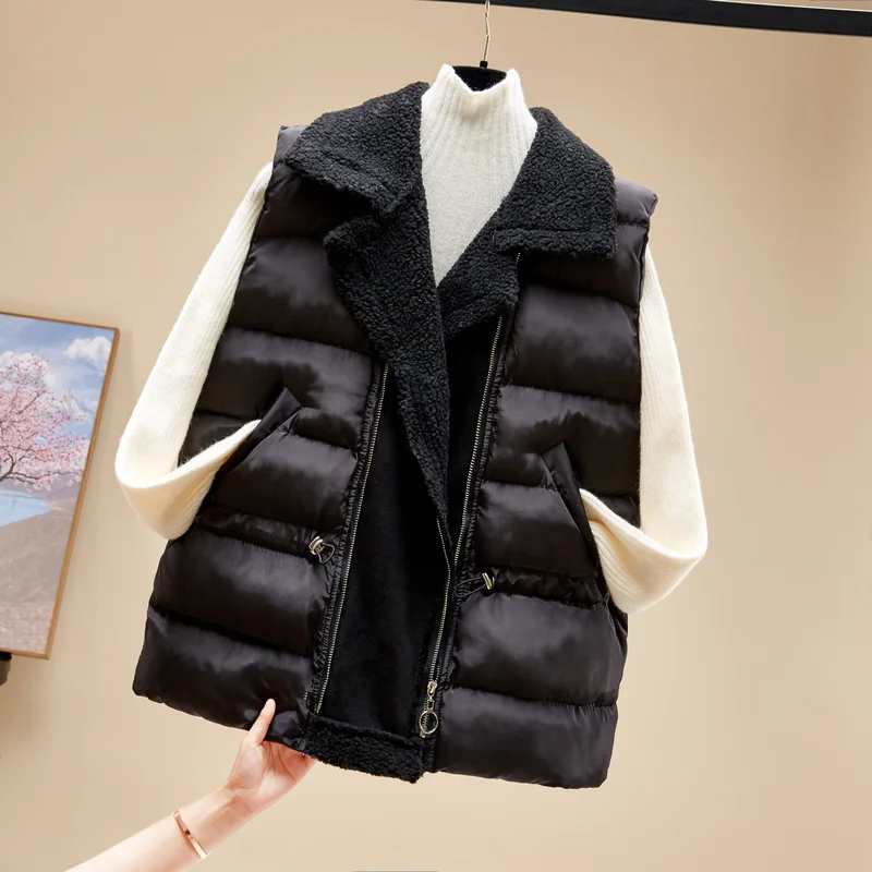 New Lamb Wool Patchwork Women\'s Jacket Vest Turn down Collar Zipper Coat Vests Women Casual Slim Solid Color Outwear Clothes