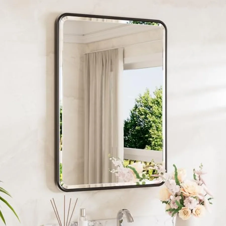 

Black Mirror 20 x 30 Beveled Edge Tempered Glass, Rounded Corner Rectangle Bathroom Mirror for Over Sink for Modern Bathroom, L