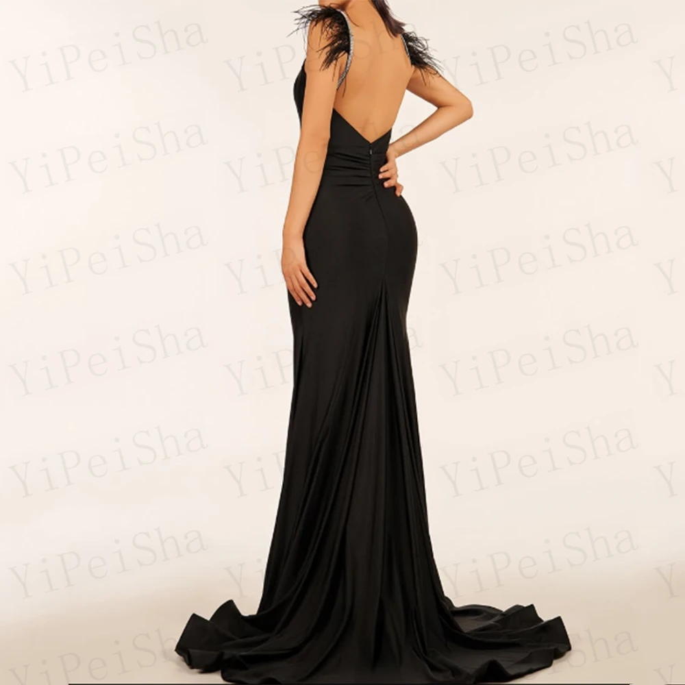 

Customized Black Mermaid Prom Dresses Floor-length V-Neck Sleeveless Evening Gown Fashion Feathers Sequined Draped Party Gown