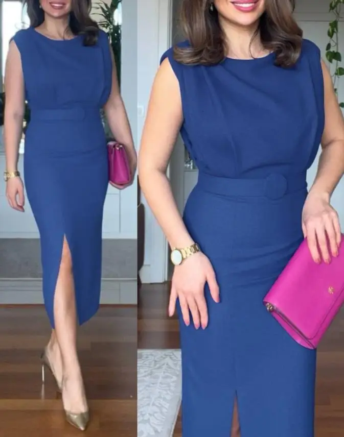 

Round Neck Sleeveless Waist Ruched Slit Dress