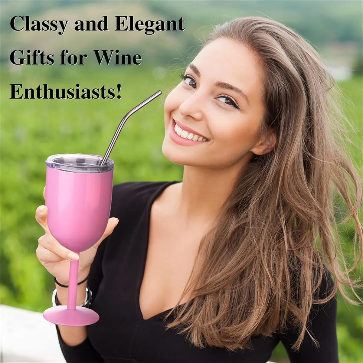 *A14E Stemmed Stainless Steel Wine Glasses with Lid Double Wall Insulated Wine Tumbler Goblets Wine Glasses(No Straw)