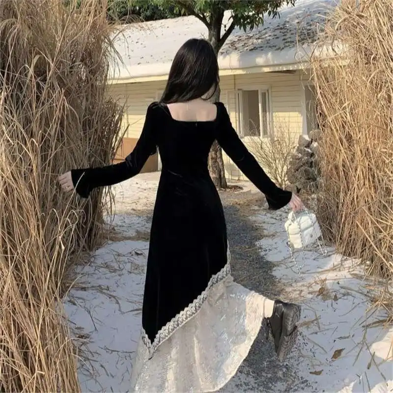 Vestido de mujer elegante y a la moda Retro con cuello en V de manga larga vestido de encaje de terciopelo negro nuevo vestido versátil elegante