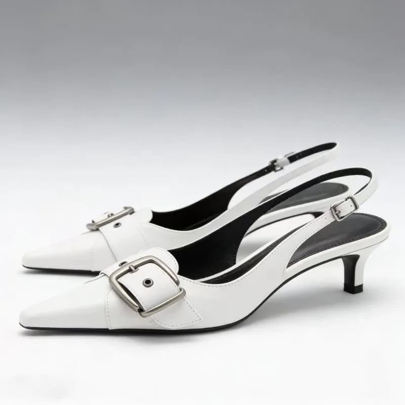 

Metal Belt Buckle Pointed Toe Pumps Women Mules Fashion Slingback Office Shoes Female Shallow Kitten Heel Designer Woman Sandals