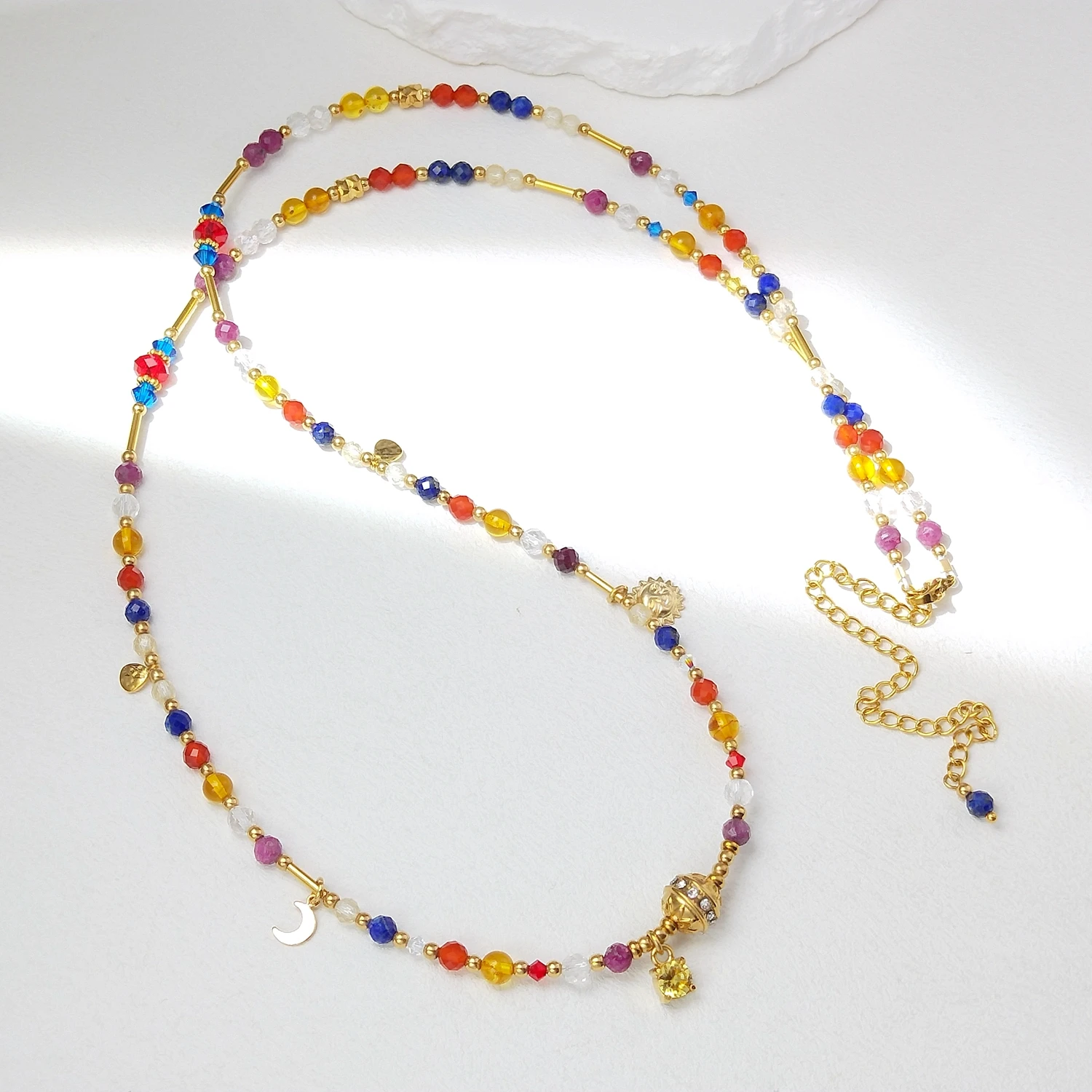 Lii Ji 4mm Ruby Clear Quartz Carnelian Amber Lapis Lazuli Citrine Stainless Steel Waist Chain 71+10cm Natural Stone Jewelry