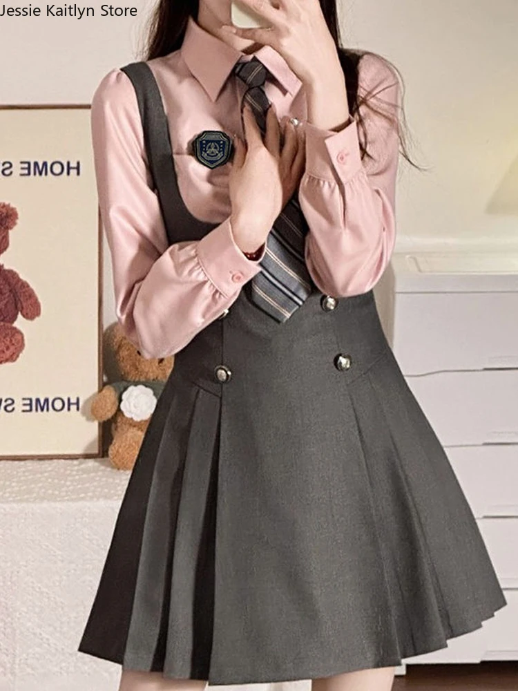 Japanese Fashion School Girl Uniform Women Korean Kawaii Cute College Student Jk Uniform Vintage Chic Shirt and Strap Dress Sets