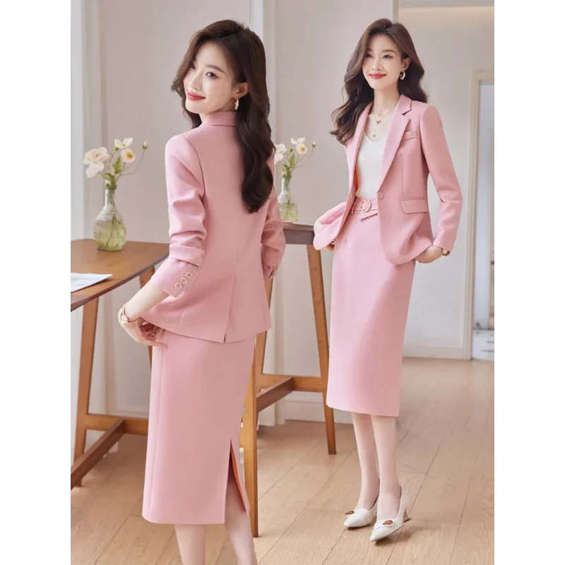 2024Elegant Women Skirt Suit Autumn Winter Black Apricot Pink One Button Business Office Lady Formal Blazer Jacket 2 Pieces Set