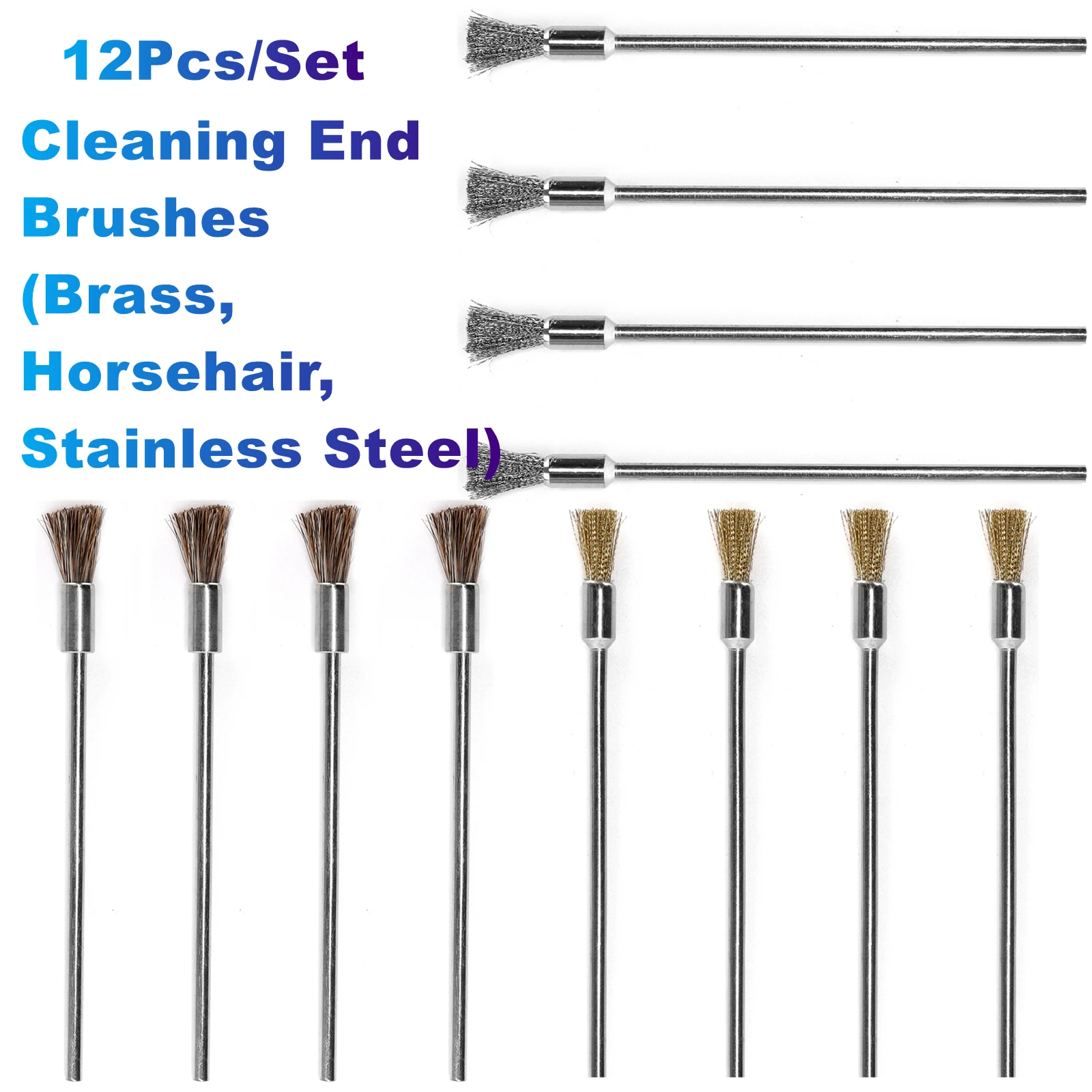 

12 шт./лот чистящие концевые щетки (латунь, конский волос, нержавеющая сталь) вал 3 мм хвостовик 100 мм для пыли, шлифовки, удаления ржавчины