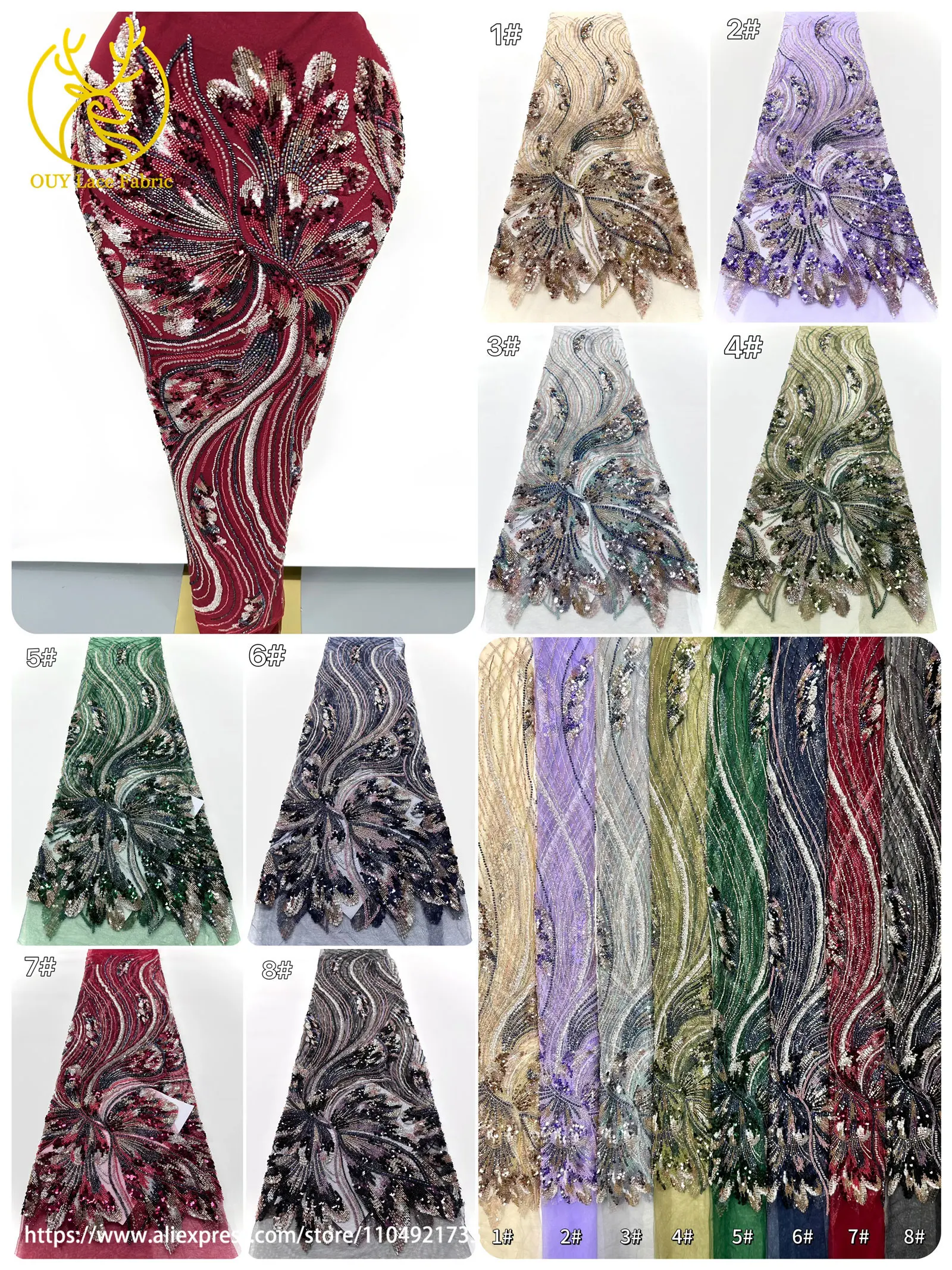 Kain Brokat Prancis Mewah Desain Baru dengan Payet Tangan, Kain Tulle Bordir Payet Afrika Dubai 2025 untuk Menjahit Gaun