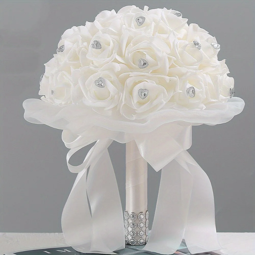 White Bouquet for Bride Bridesmaids with Diamond Soft Ribbons Artificial Satin Ribbon Rose Bridal Holding Flowers for
