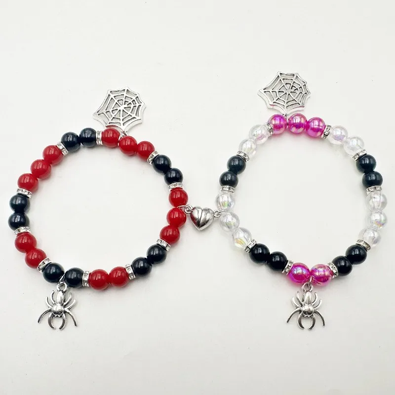 2Pcs/Set Gothic Spider Animal Beaded Bracelet Creative Heart Magnetic Matching Couple Bracelets for Women Men Halloween Gift