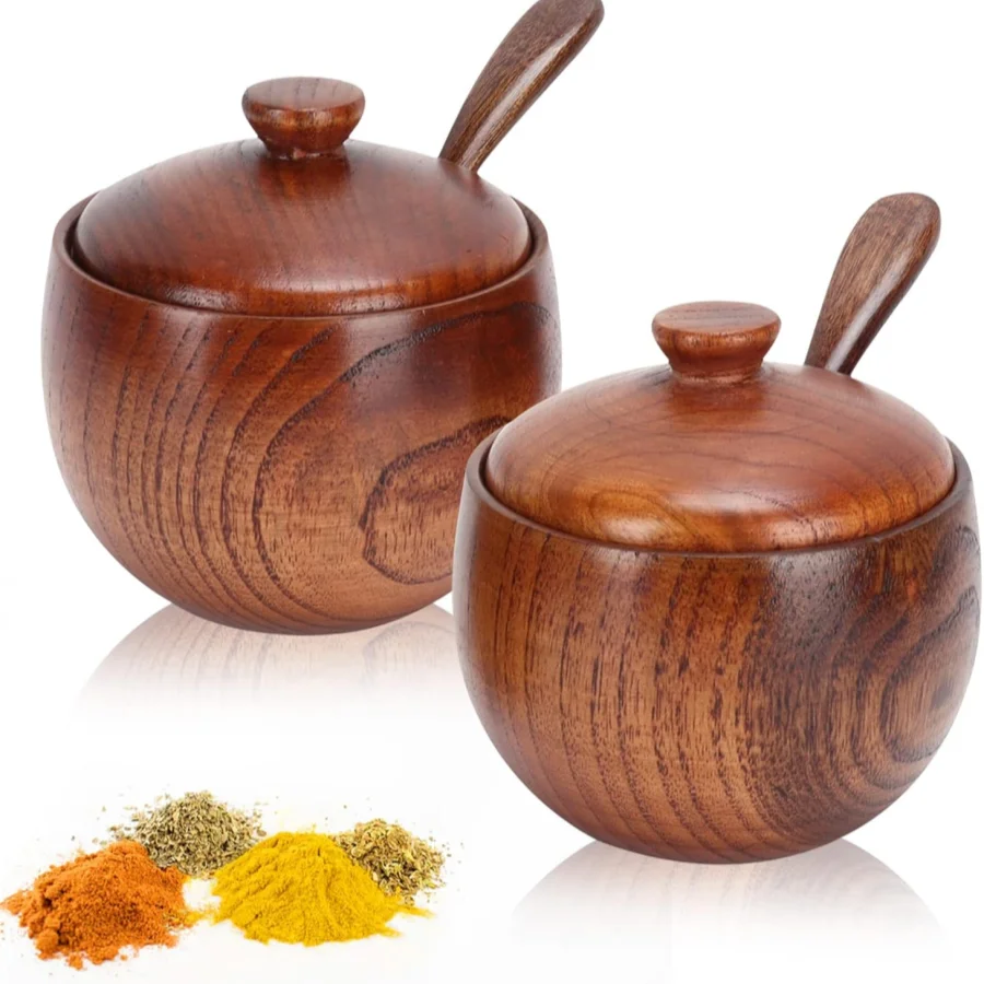 Natural Wooden Salt Cellar with Lid and Spoon Sugar Bowl Pepper Seasoning Container Holder Keeper for Kitchen Serving, Condiment