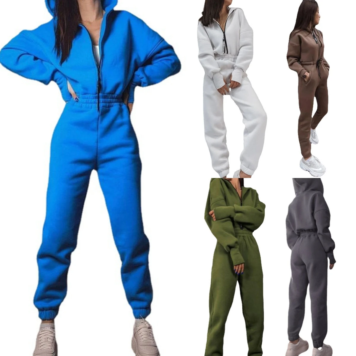 

Sporty Casual Hooded Zipper Waist Cinched Jumpsuit High Waist Long Pants Polyester Straight Leg Jumpsuit for Women