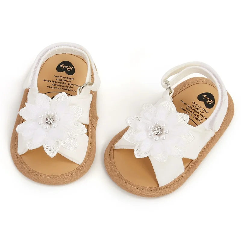 Baby Girls Princess Sandals Big Rhinestone Flower Open Totes Anti-Skid Soft Sole Walking Shoes  Ankle Stick-On Summer Foot