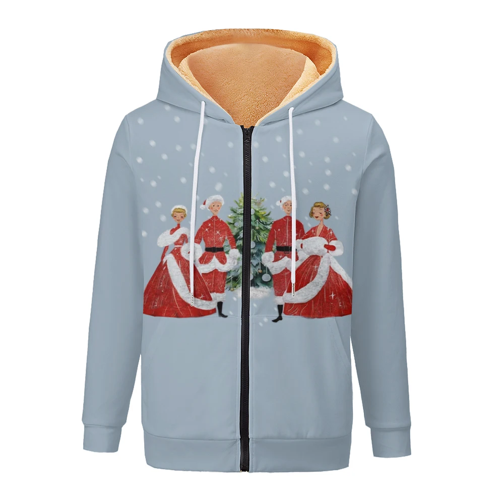 Women's Thick Hooded Jacket Sweatshirt, Christmas Printed Simple Pocket Zipper Coat for Winter and Autumn, Outdoor Warmth