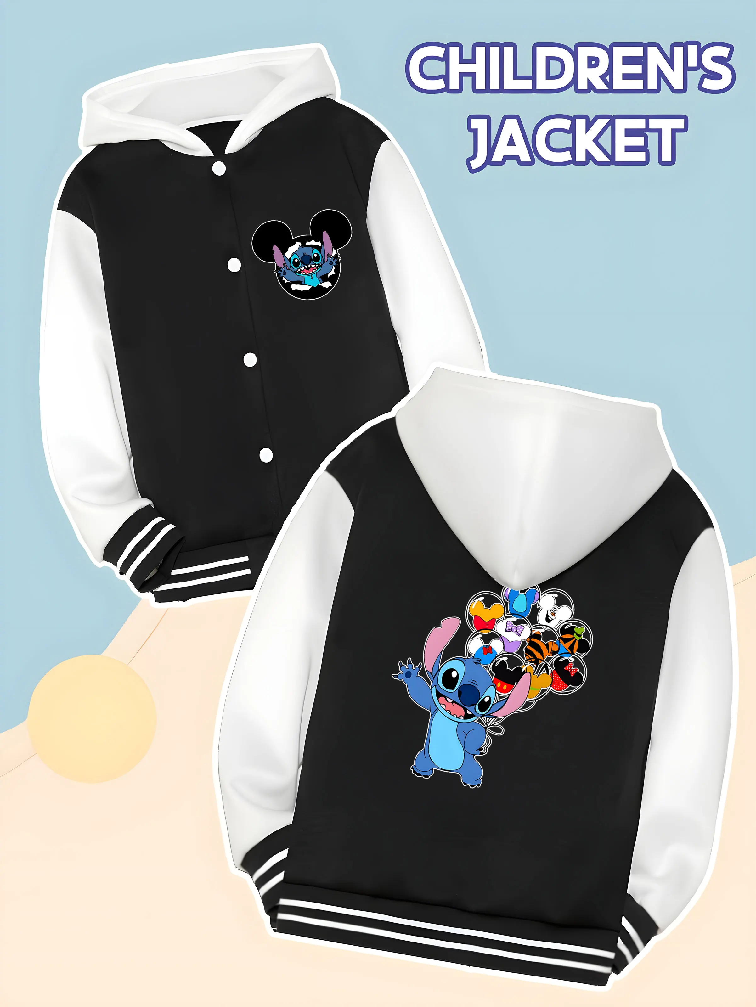 

MINISO Disney Stitch themed baseball jacket for boys - Stitch holding Mickey Mouse head balloon print,perfect for casual parties