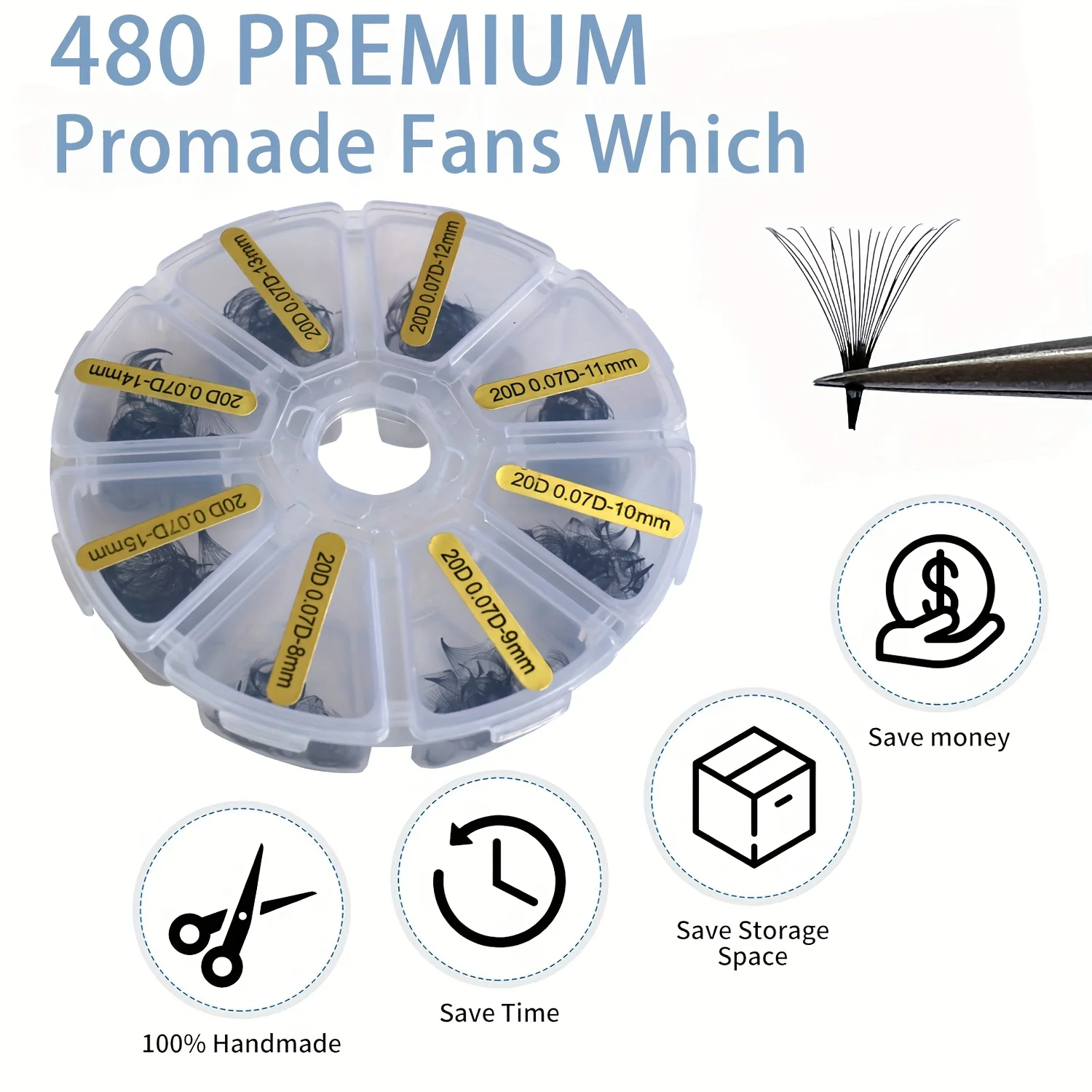 Sackvis 480 Fans Loose 8-15mm Mixed Length Pointy Base Premade Fans lash Sharp Thin Slim Medium Stem Volume Eyelashes Extensions