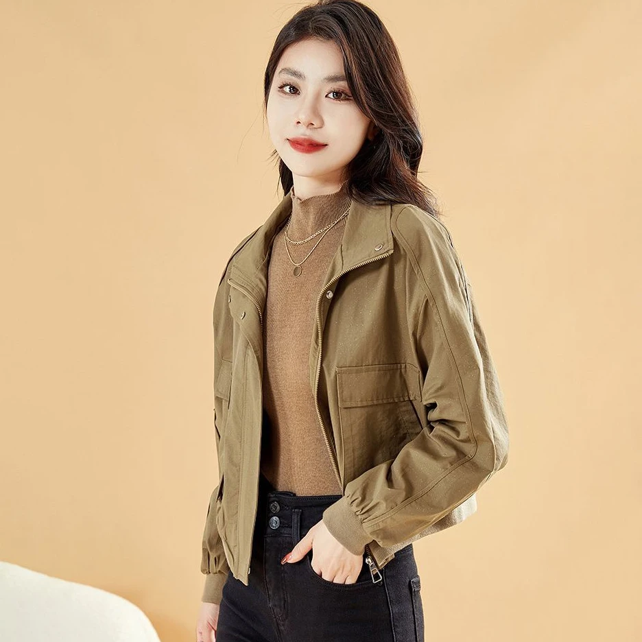Stand Collar Zip Front Multi Pocket Jacket Women Long Sleeve Elastic Cuff Loose Casual Spring Autumn Streetwear Outerwear Coat
