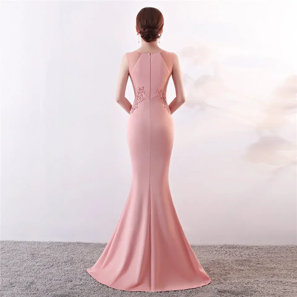 Evening Dress Pink Jersey Sexy O-neck Sleeveless Mermaid Trumpet Floor Length Plus size Customizied Women Party Formal Gown