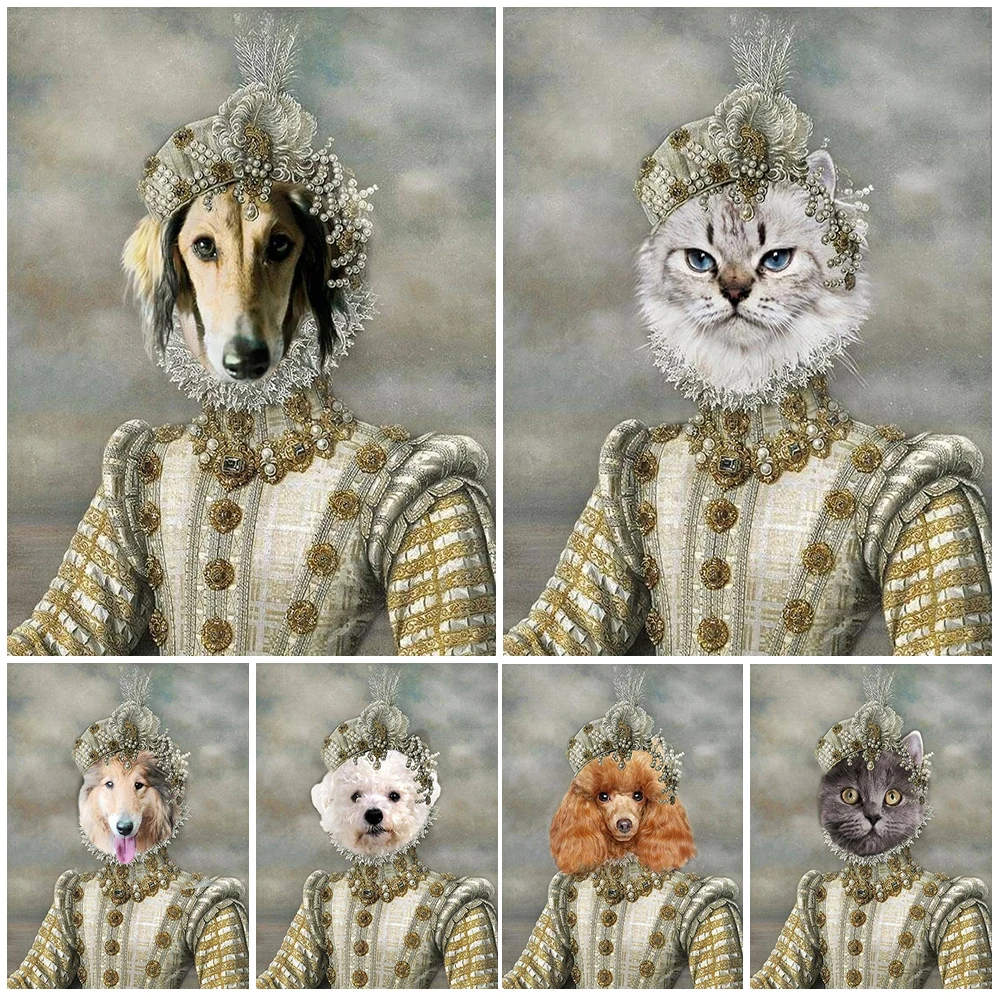 Pet Dog Cat Princess Renaissance Portrait Wall Pictures For Living Room Nordic Poster Wall Art Canvas Painting Unframed