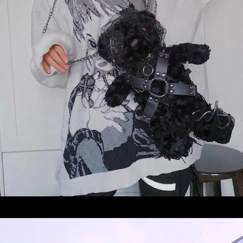 Original Dark Goth Style Lolita Plush Bag Chain Strap Lace Spider Web Decorative Plush Bear Backpack Y2K Cosplay Messenger Bag
