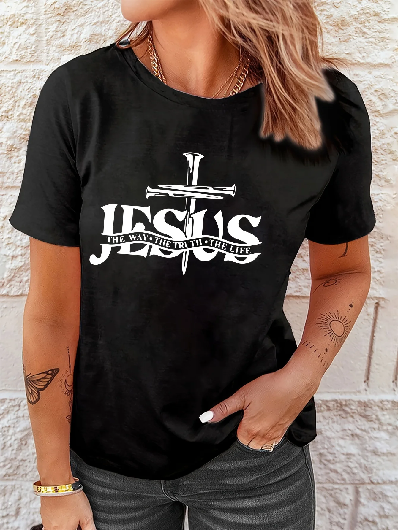 Jesus Is Essential Yesterday Today Forever Letter Print T-Shirt Women's Crew Neck Short Sleeve T Shirt Y2k Tees Tops Clothes 90s