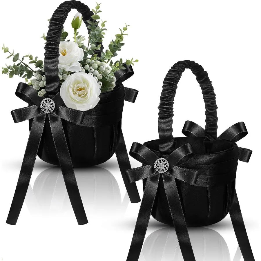 2 Pcs Wedding Black Flower Girl Basket Gothic Flower Basket for Wedding Ceremony Satin Rhinestone with Handle for Petals Confet