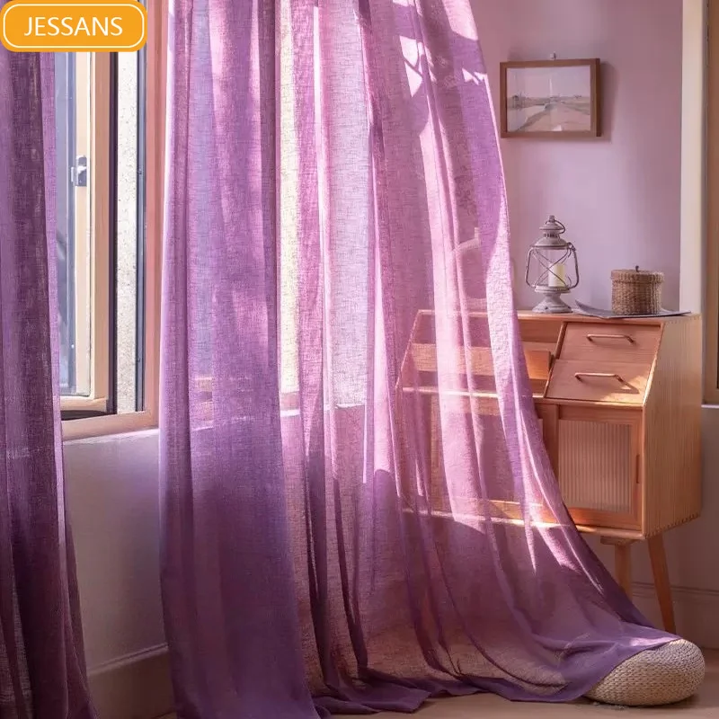 Lilac Purple Linen Gauze Curtains for Balcony Living Room Study Bay Window Customized Partition Curtain Finished Product
