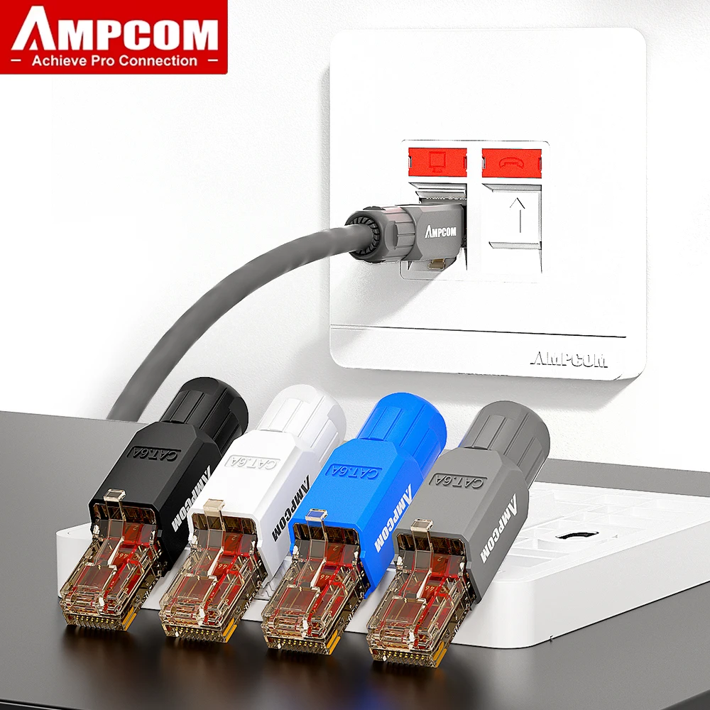 AMPCOM RJ45 Connector Tool Free CAT6A CAT6 10Gbps UTP Field Modular Plug Tool free Ethernet Reusable Termination Lan Plugs
