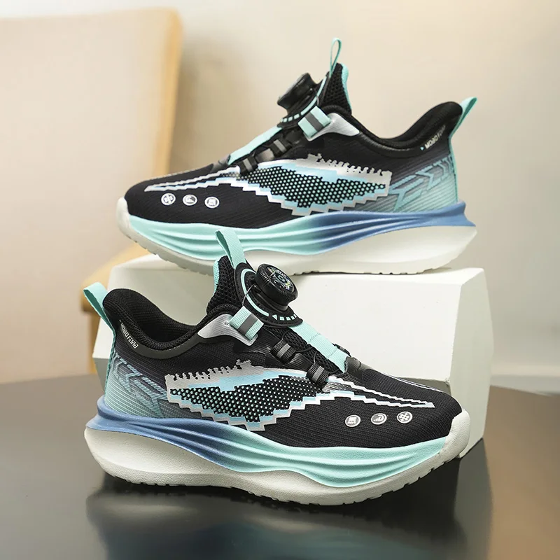 Kids Mesh Sports Running Shoes Rotating QuickLock Buckle Gradient Color Lightweight Non‑Slip Casual Sports Shoes for Boys Girls