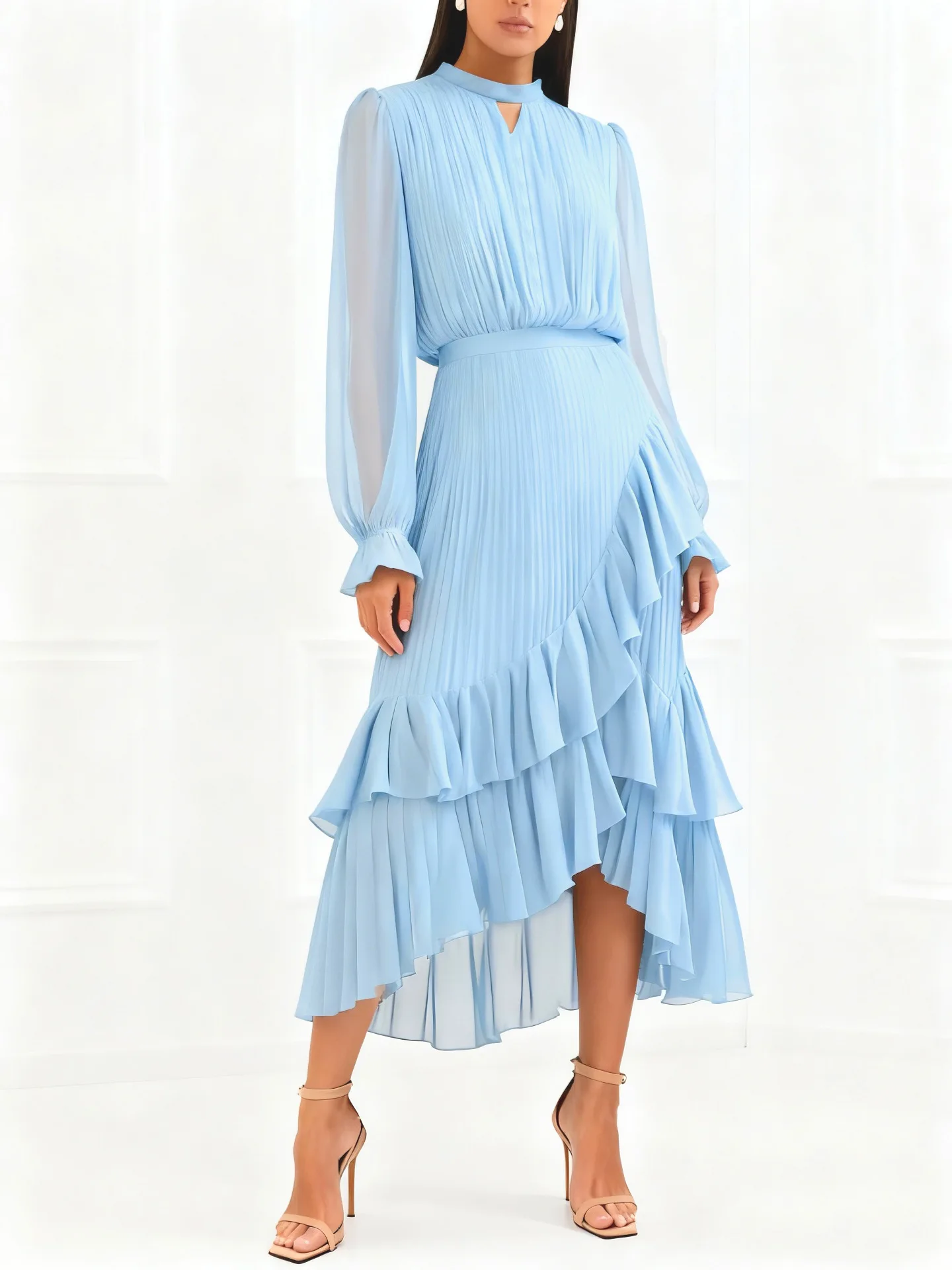 LGRQ 2026 Summer New Solid Color High Waist Dress With Ruffled Hem And Pleats Mid-Length Party Evening Gown