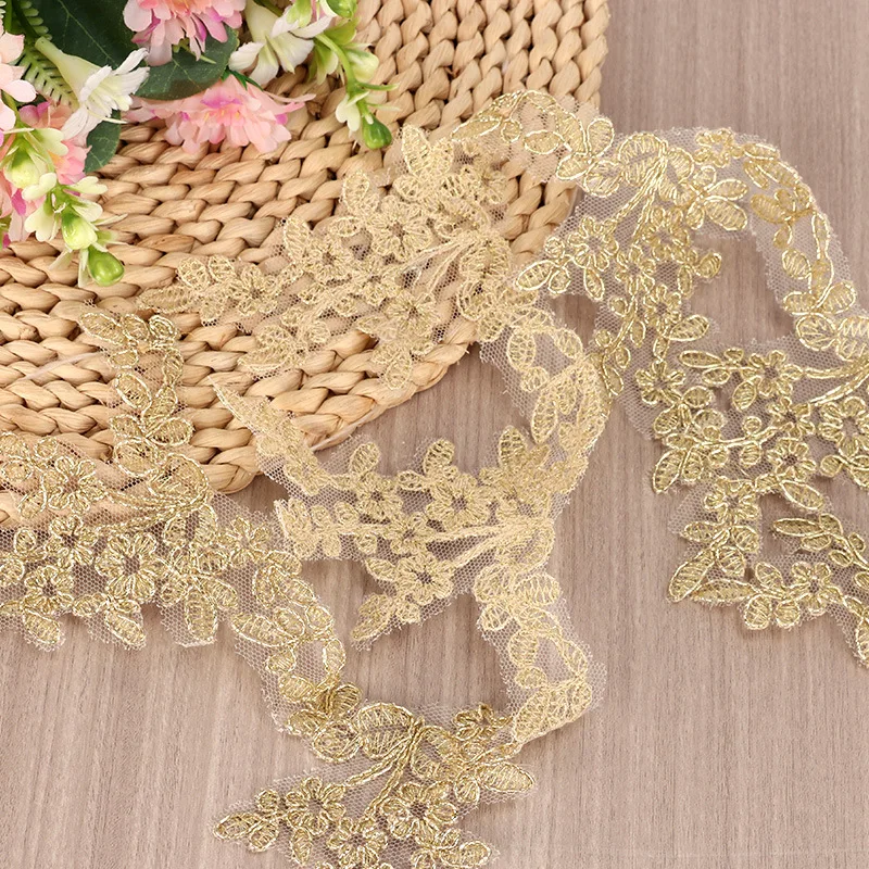 2 Yards Gold Cording Fabric Flower Venise Venice Mesh Lace Trim Applique Sewing Craft for Wedding Dec. 4.7cm wide