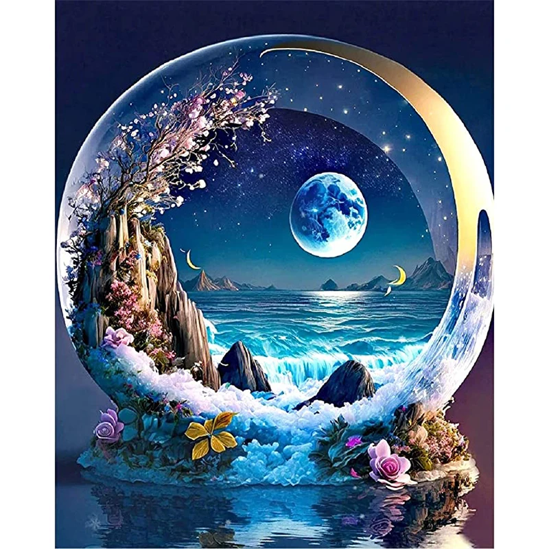 New Arrival Moon Sea Crystal Diamond Painting Mountain Flower Cross Stitch Kits Handmade Rhinestone DIY Mosaic Home Decoration