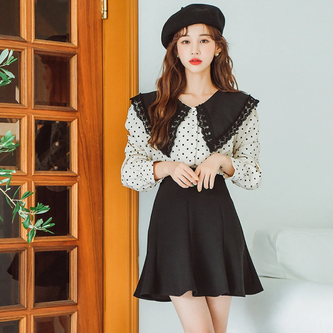 

Романтическая женская блузка с кружевной отделкой и воротником-стойкой, в стиле колор-блок, в горошек, универсальная, в корейском стиле, для весны, осени и зимы