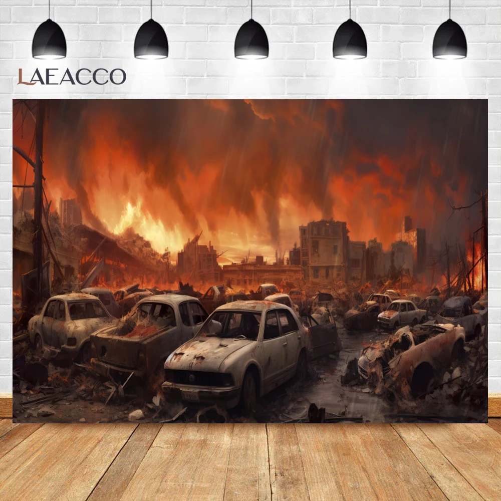 Laeacco Destroyed City Halloween Horror Backdrop Car Fire Dark Sky Apocalyptic Ruined House Photography Background Decoration