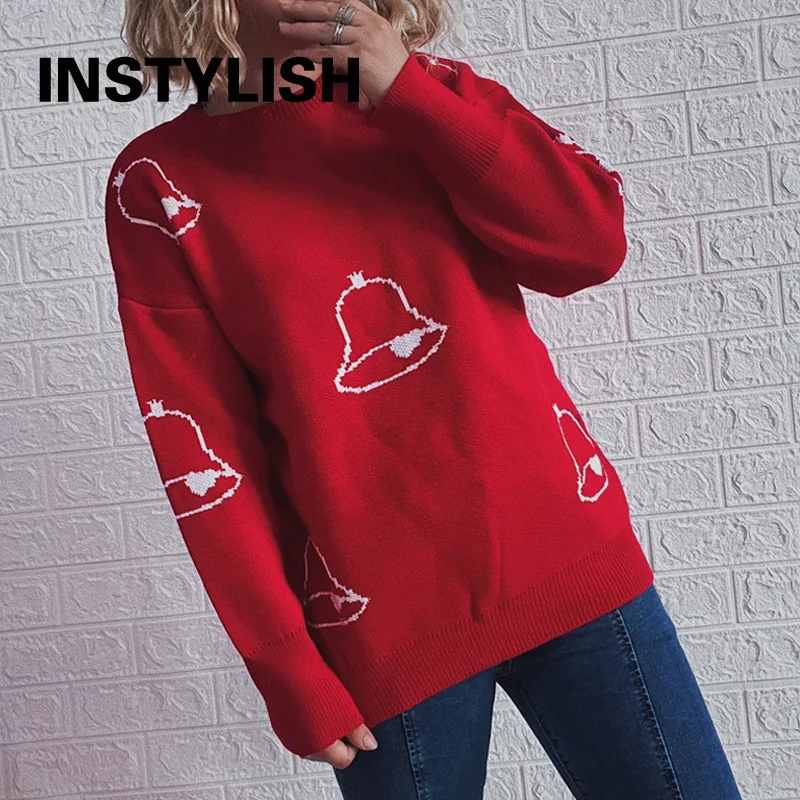 

Elegant Snowflake Print Christmas New Years Sweater Women Casual O Neck Thick Loose Pullover Autumn Winter Knitting Jumper Tops