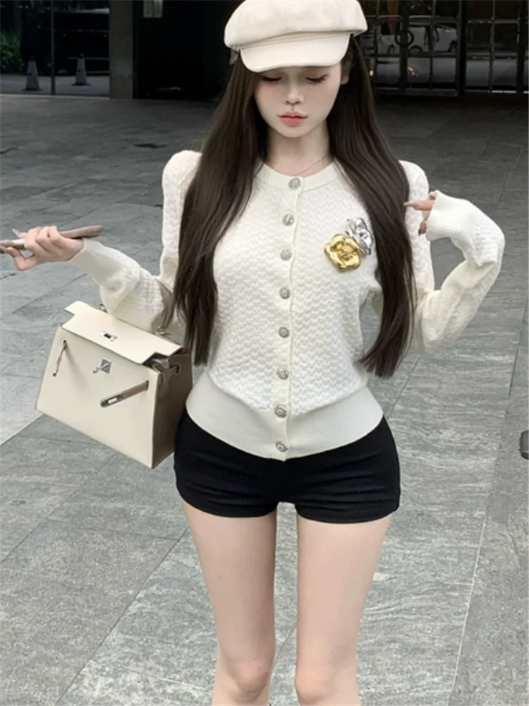 Celebrity Women Black White Purple Sweater Elegant Flower Pin O Neck New Fall Long Sleeve Casual Knitted Cardigan Loose Chic Top