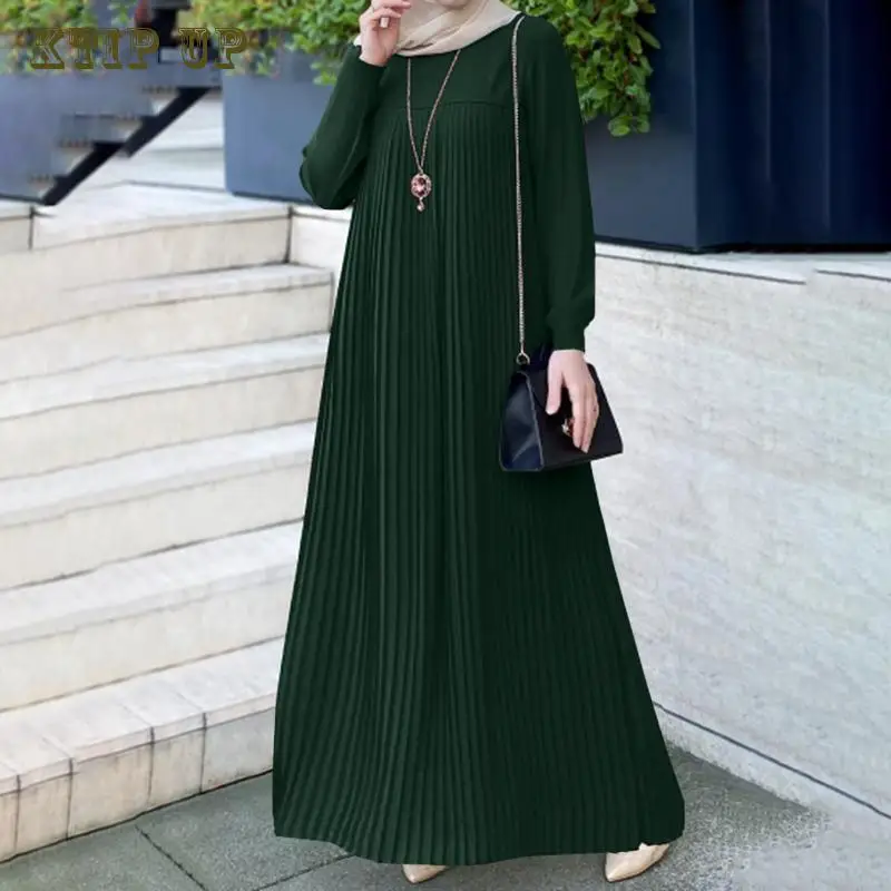 Middle East Pleated Dress for Women, Muslim Fashion, Dubai, Arab Style, Elegant, Solid Round Neck, Long Sleeve, Abaya