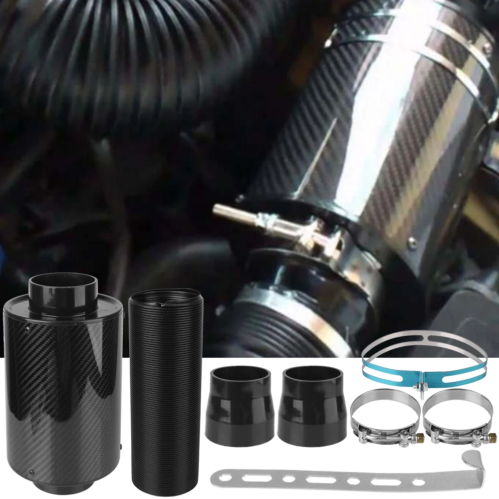 Car Carbon Fibre Cold Air Filter Universal Feed Enclosed Intake Induction Fiber Intake Filter Box Pipe Hose Kit 1 Set