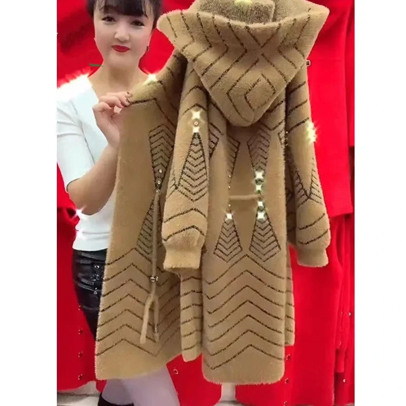 Mother's Winter Jacket Long Thicken Imitation Mink Cashmere Coat High End Middle Aged Elderly Women Knitted Cardigan Sweater 4XL