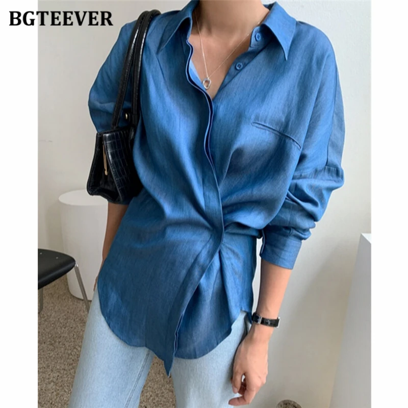 BGTEEVER Elegant Turn-down Collar Ladies Cotton Shirts Tops Summer Autumn Long Sleeve Loose Pocket Women Blouses