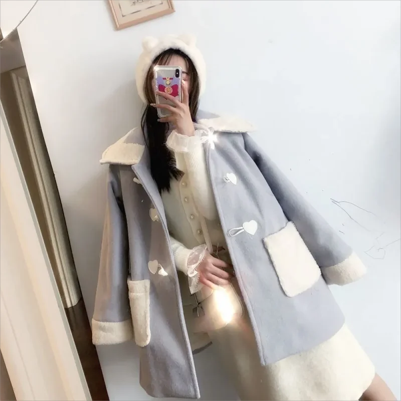 

Ladies Coats Thickened Turndown Collar Single Row Cow Horn Button Midlength Reduced Age Woolen Coat Women Clothing