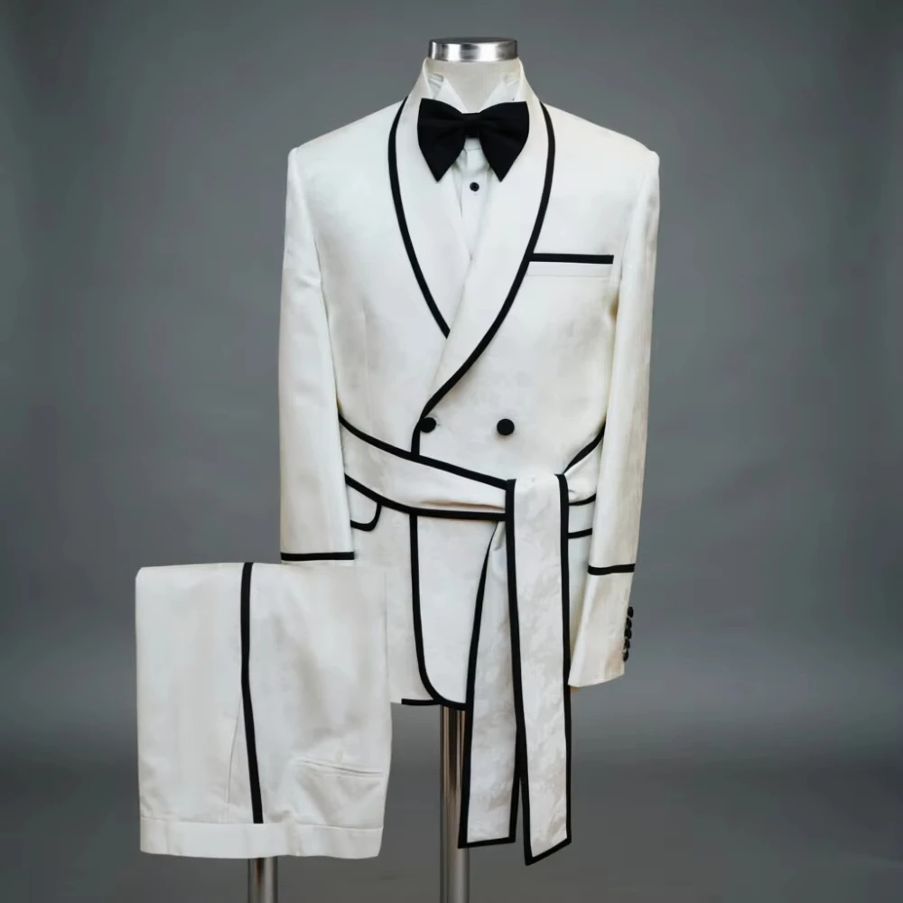 

White Wedding Tuxedo Double Breasted for Men Black Piping Groom Suit with Belt Slim Fit Formal Prom Party Blazer+Pants