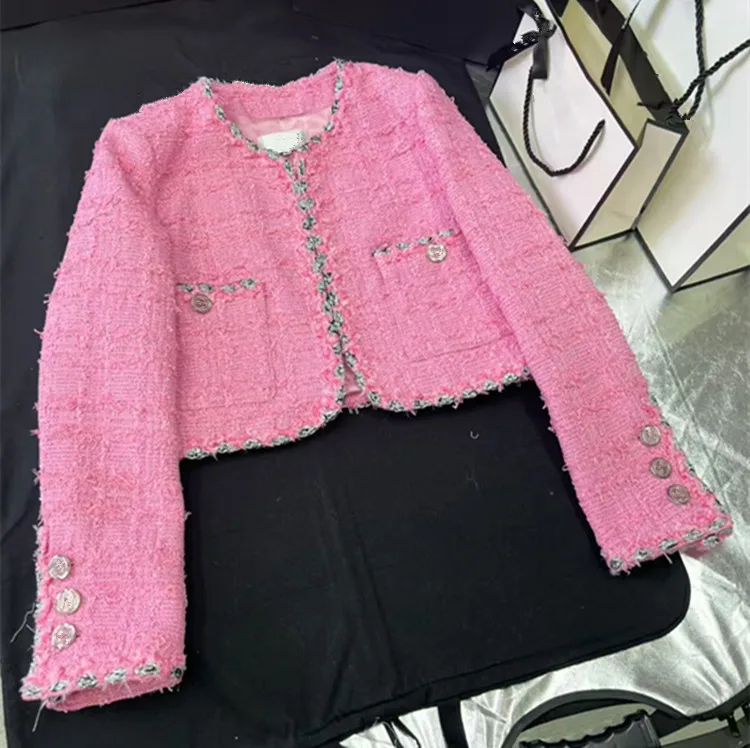Customization European women's fashion 2026 spring new styles Long-sleeved pocketed pink tweed coat