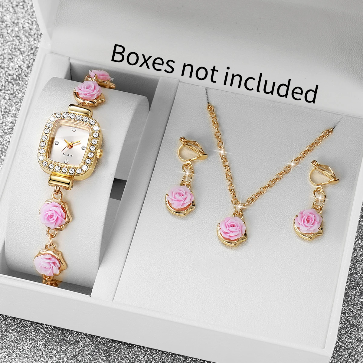 4PCS Fashion Square Women Watches Necklace Earrings Set Flower Bracelet Gold Chain Ladies Clock Relogio Feminino（Without Box）